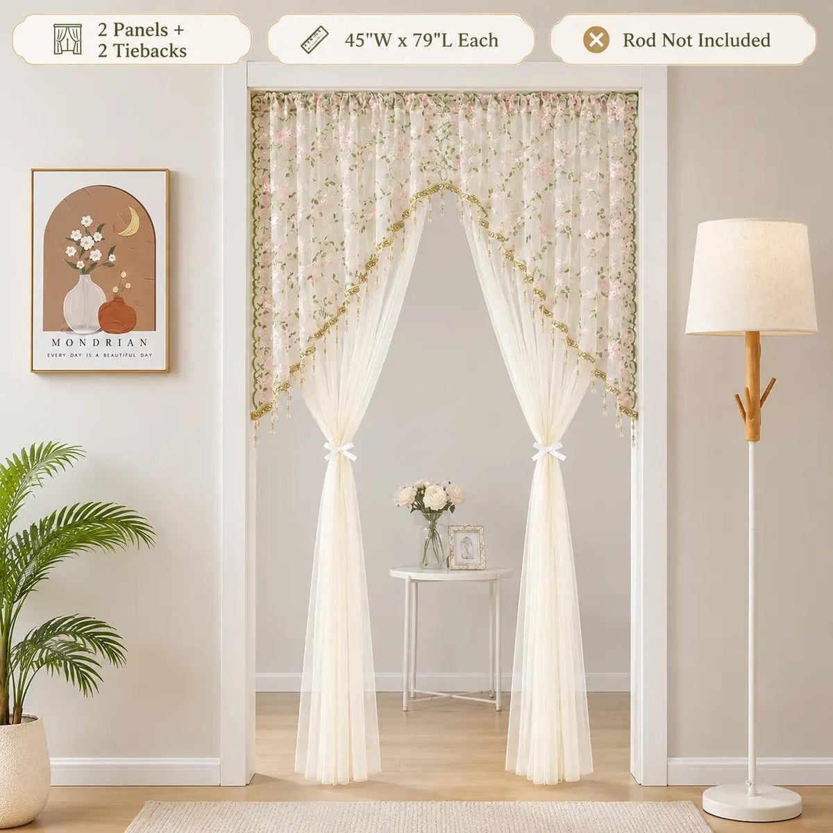 Sheer Floral Doorway Curtain, Elegant Lace Door Curtain with Tassel Trim