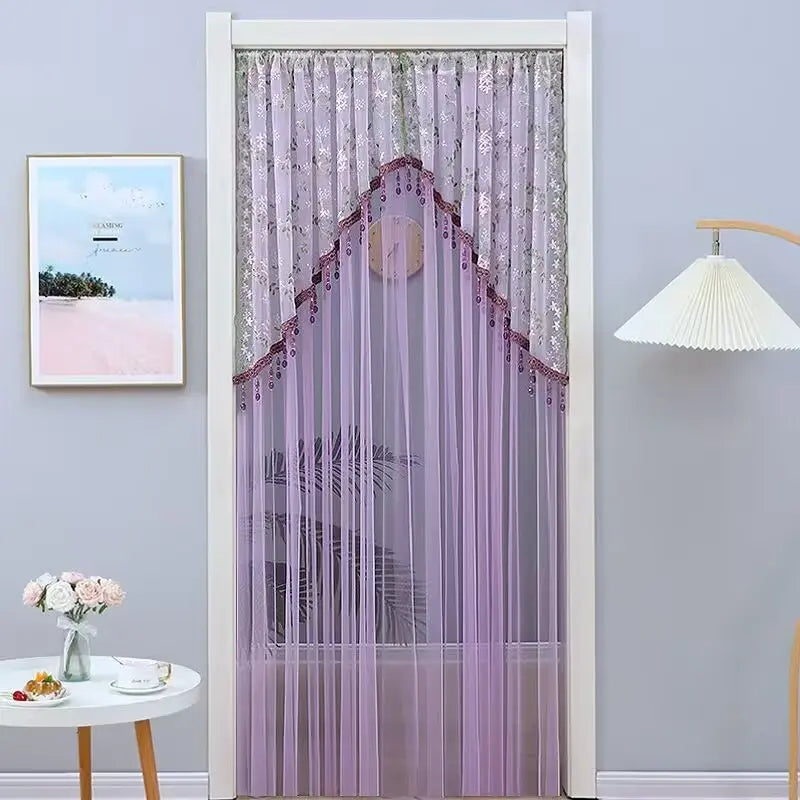 Sheer Floral Doorway Curtain, Elegant Lace Door Curtain with Tassel Trim