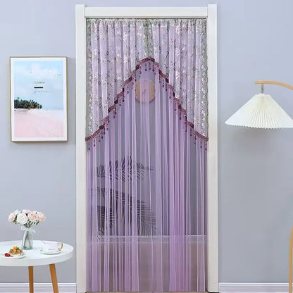 Sheer Floral Doorway Curtain, Elegant Lace Door Curtain with Tassel Trim