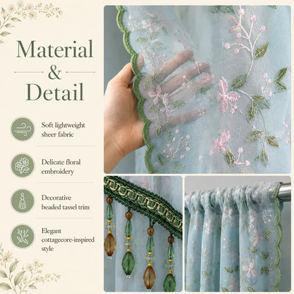 Sheer Floral Doorway Curtain, Elegant Lace Door Curtain with Tassel Trim