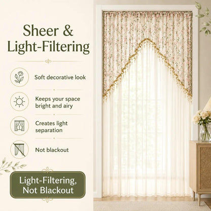 Sheer Floral Doorway Curtain, Elegant Lace Door Curtain with Tassel Trim