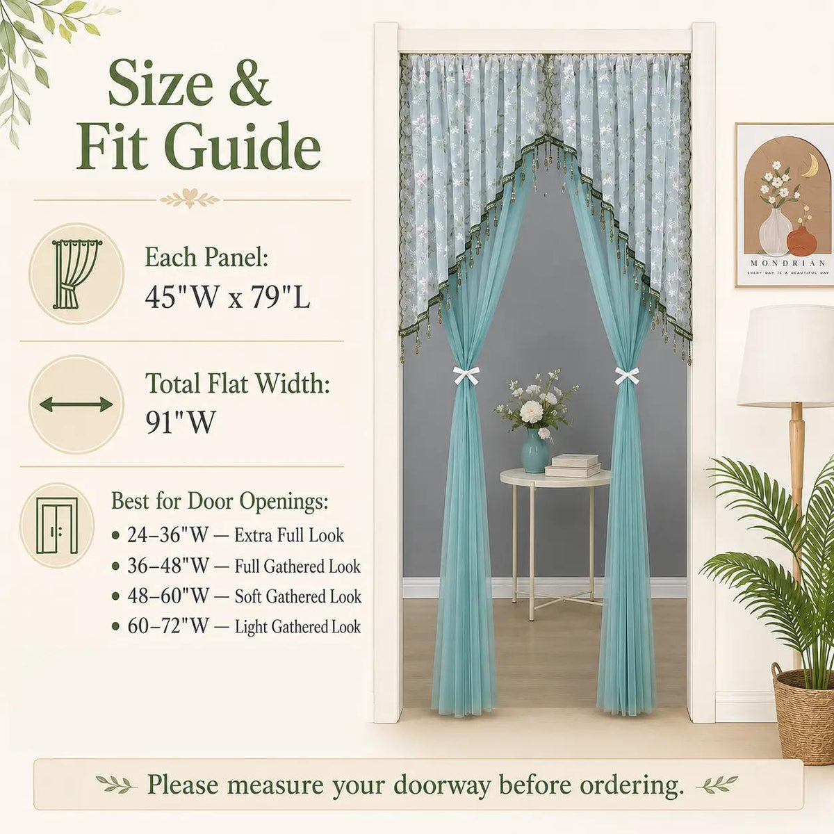 Sheer Floral Doorway Curtain, Elegant Lace Door Curtain with Tassel Trim