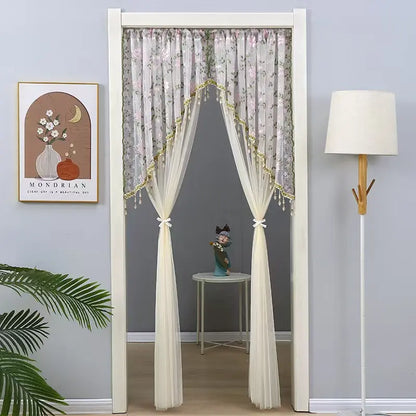 Sheer Floral Doorway Curtain, Elegant Lace Door Curtain with Tassel Trim