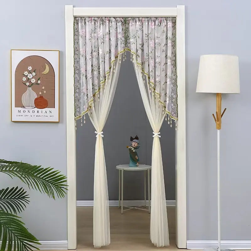 Sheer Floral Doorway Curtain, Elegant Lace Door Curtain with Tassel Trim