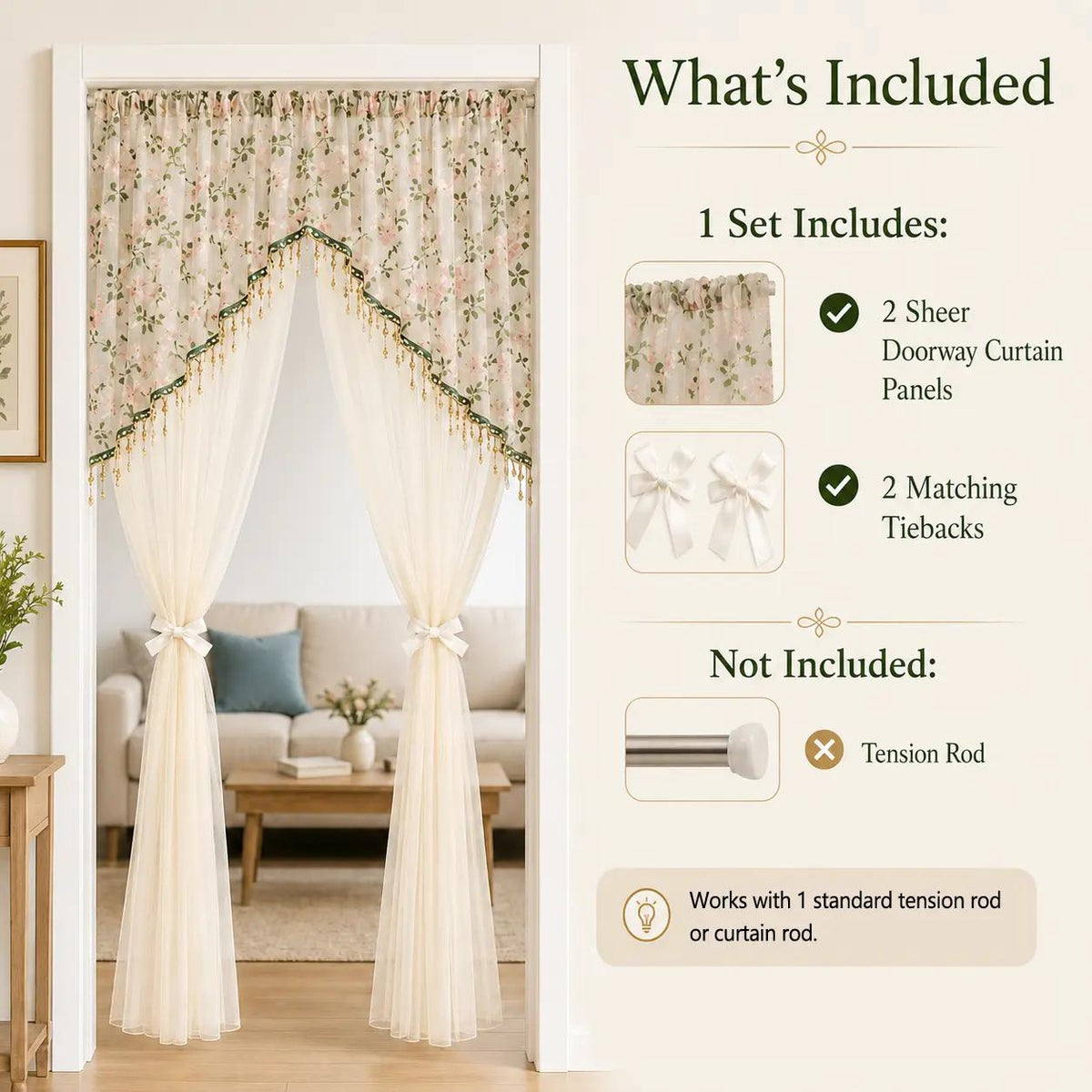 Sheer Floral Doorway Curtain, Elegant Lace Door Curtain with Tassel Trim