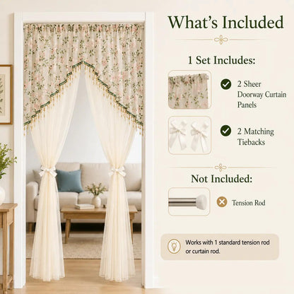 Sheer Floral Doorway Curtain, Elegant Lace Door Curtain with Tassel Trim