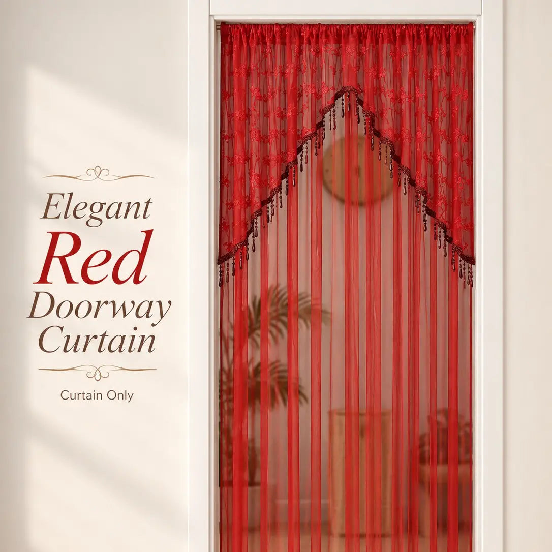 Sheer Floral Doorway Curtain, Elegant Lace Door Curtain with Tassel Trim