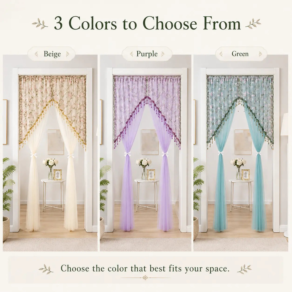 Sheer Floral Doorway Curtain, Elegant Lace Door Curtain with Tassel Trim