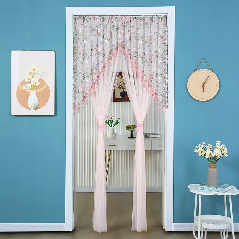 Sheer Floral Doorway Curtain, Elegant Lace Door Curtain with Tassel Trim