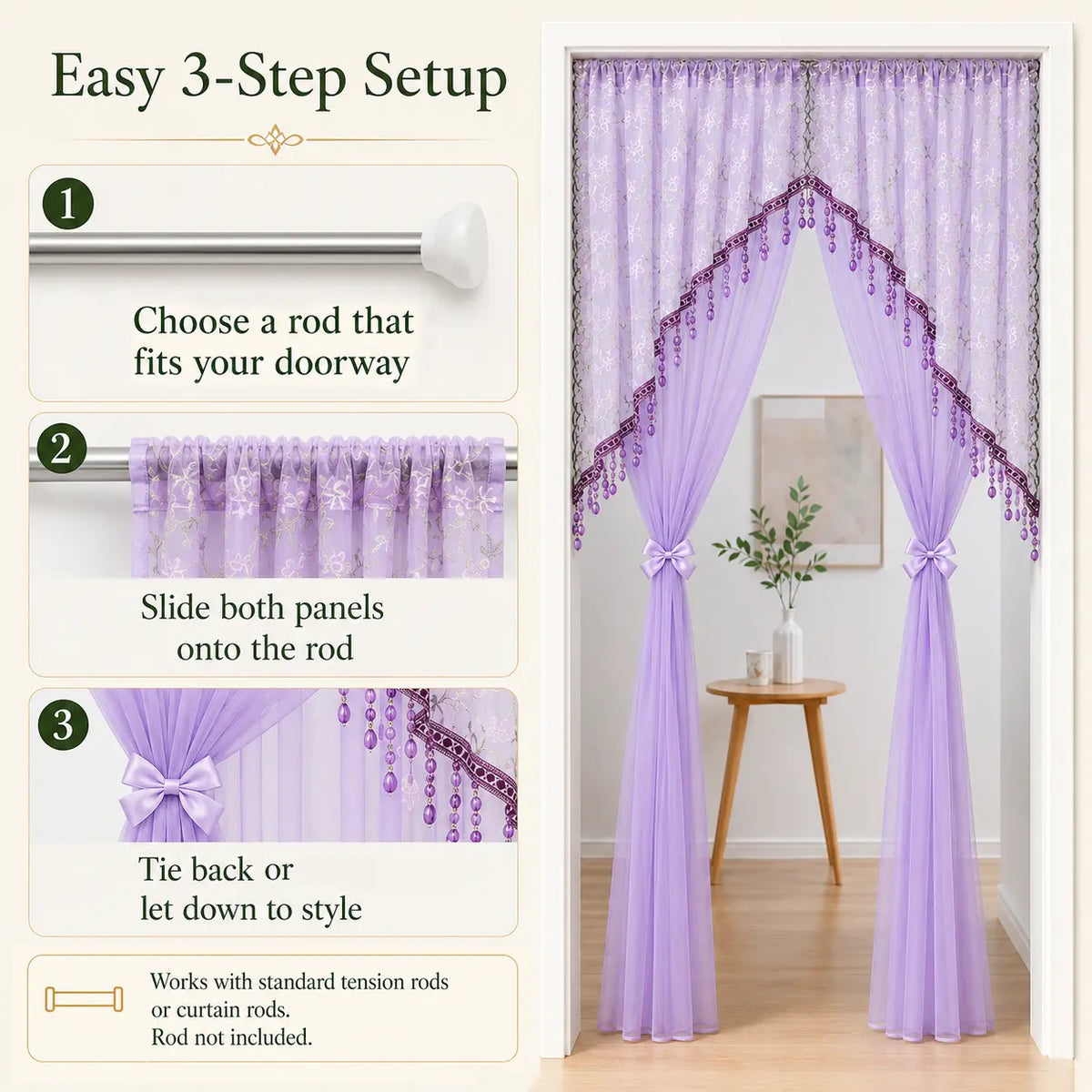 Sheer Floral Doorway Curtain, Elegant Lace Door Curtain with Tassel Trim