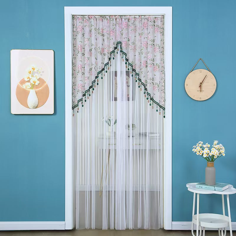 Sheer Floral Doorway Curtain, Elegant Lace Door Curtain with Tassel Trim