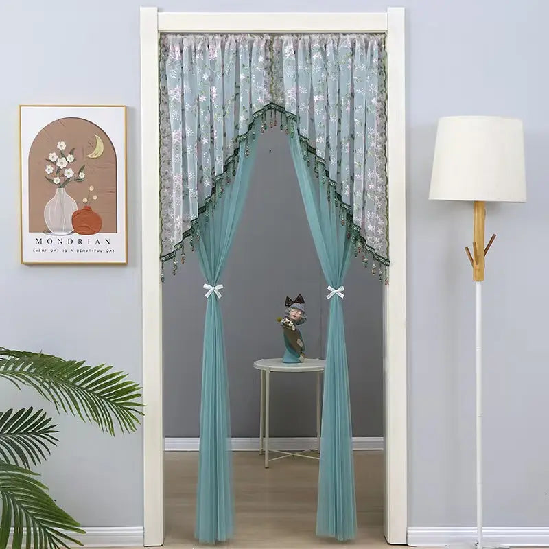 Sheer Floral Doorway Curtain, Elegant Lace Door Curtain with Tassel Trim