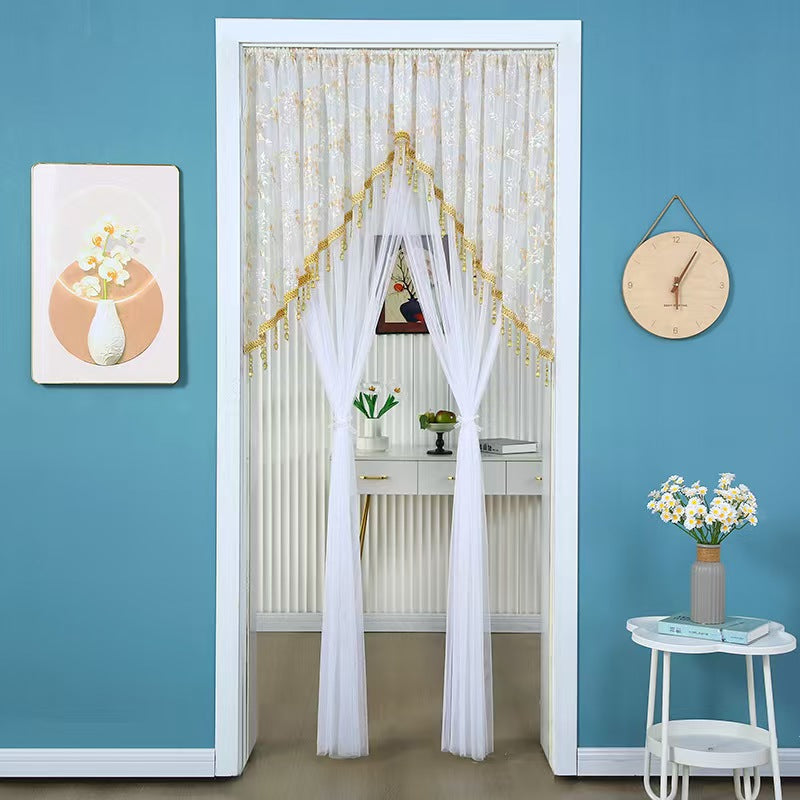 Sheer Floral Doorway Curtain, Elegant Lace Door Curtain with Tassel Trim