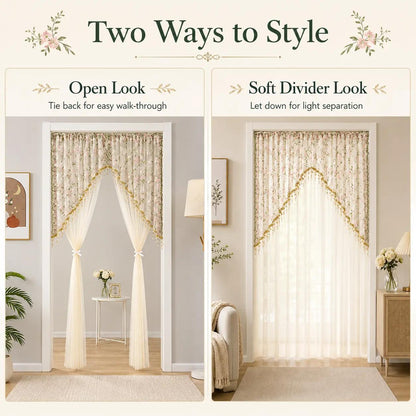Sheer Floral Doorway Curtain, Elegant Lace Door Curtain with Tassel Trim